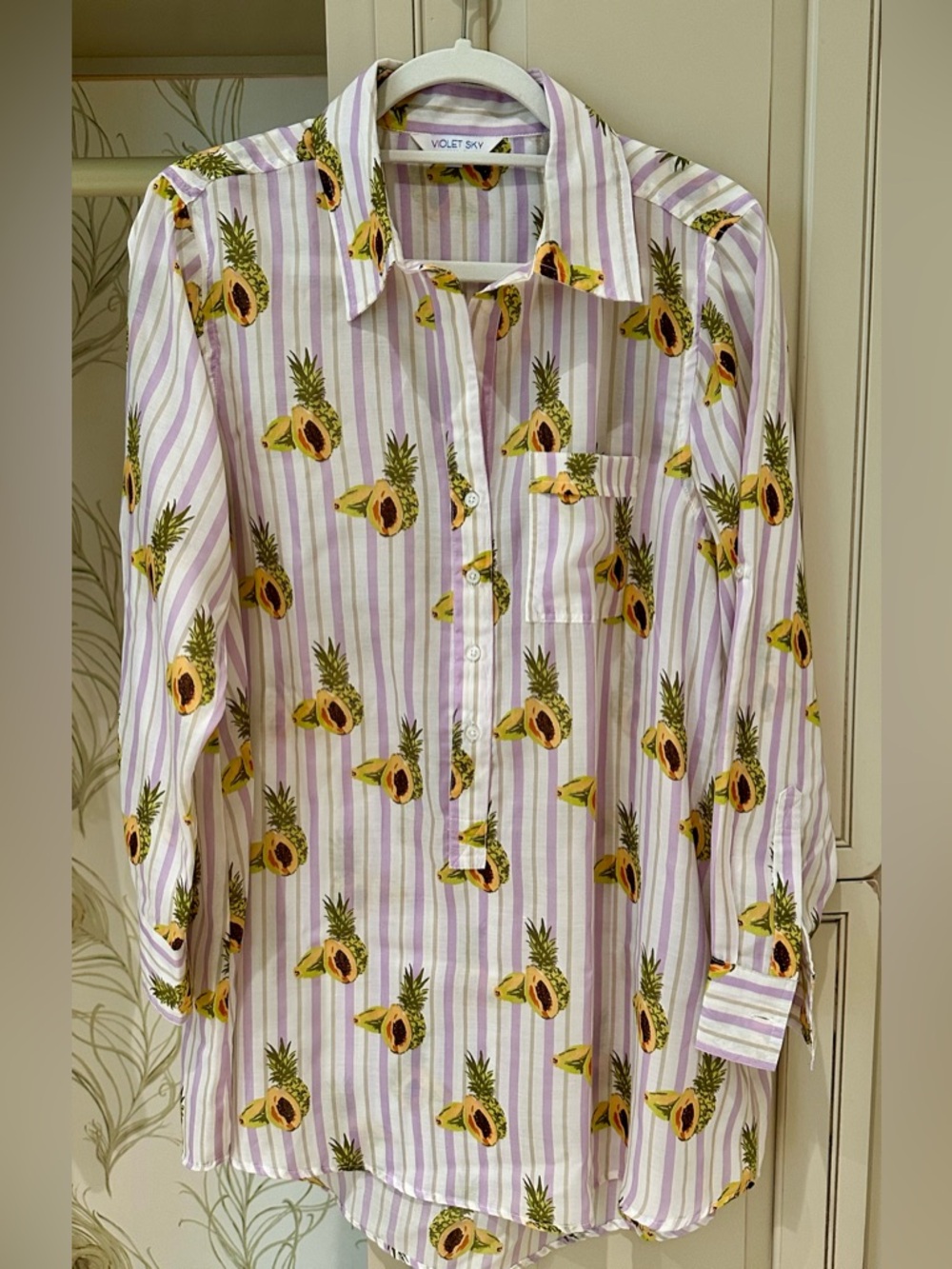 Violet Sky Purple & White Striped Shirt Dress with Tropical Fruit Print, Size M